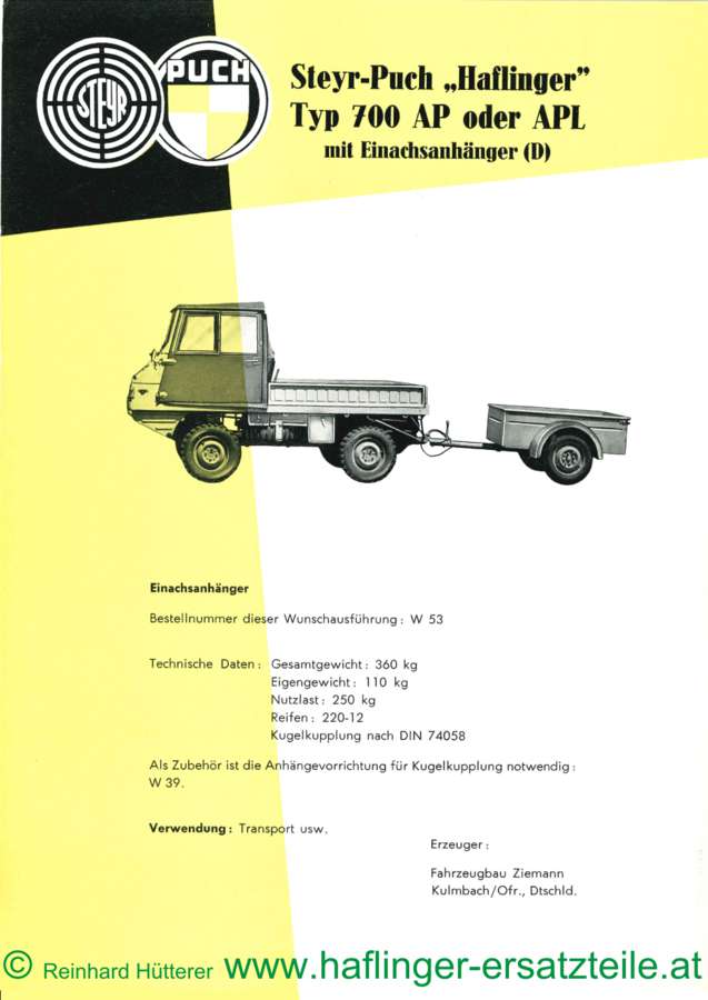 technical data sheet of the Haflinger one-axle trailer